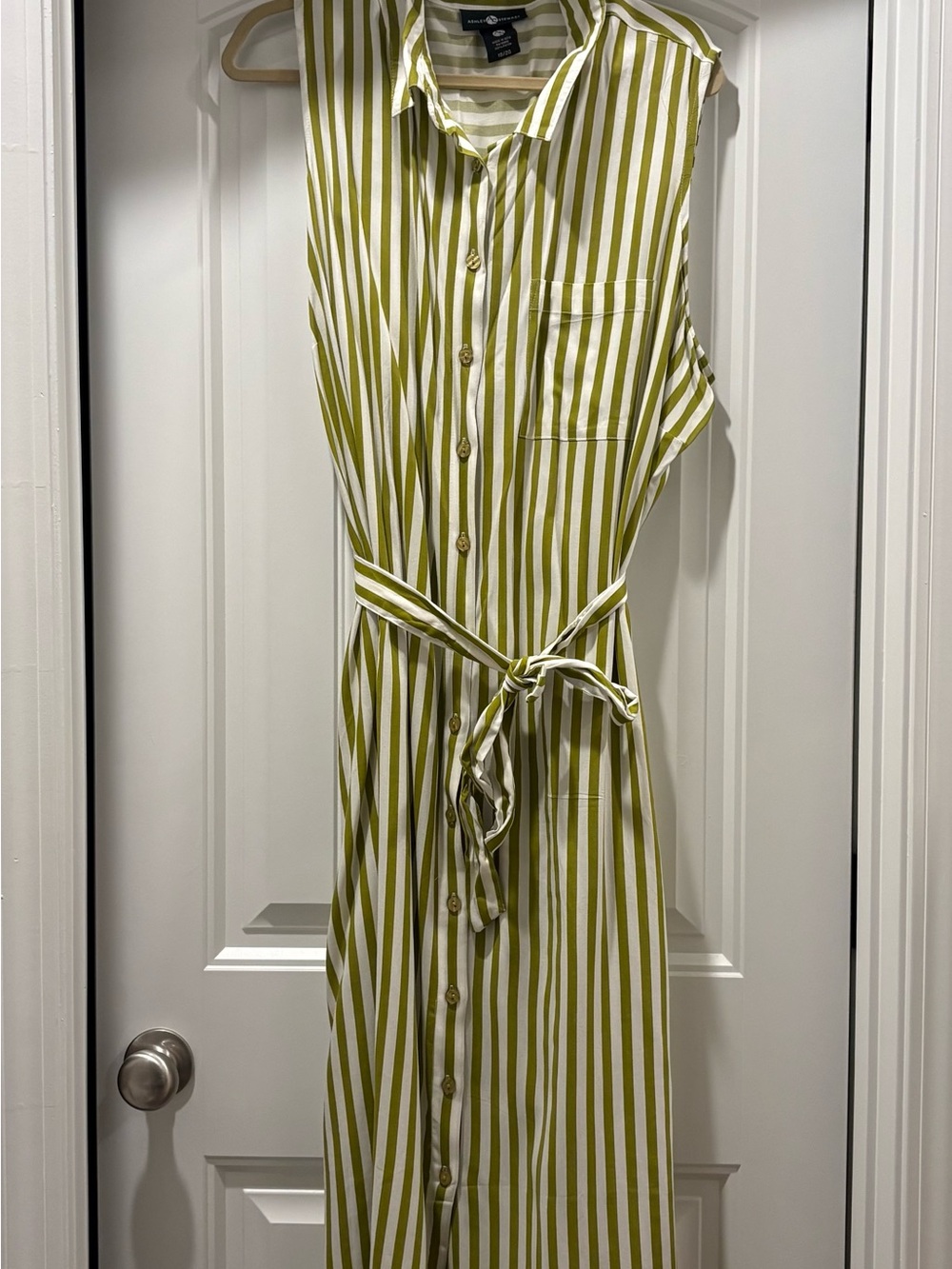 Moss Green and White Stripe Sleeveless Shirt Dress with Tie Belt